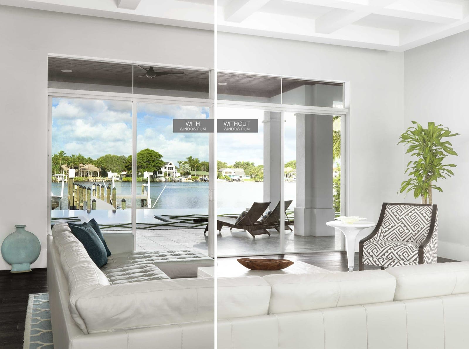 Sunlit living room with residential window film