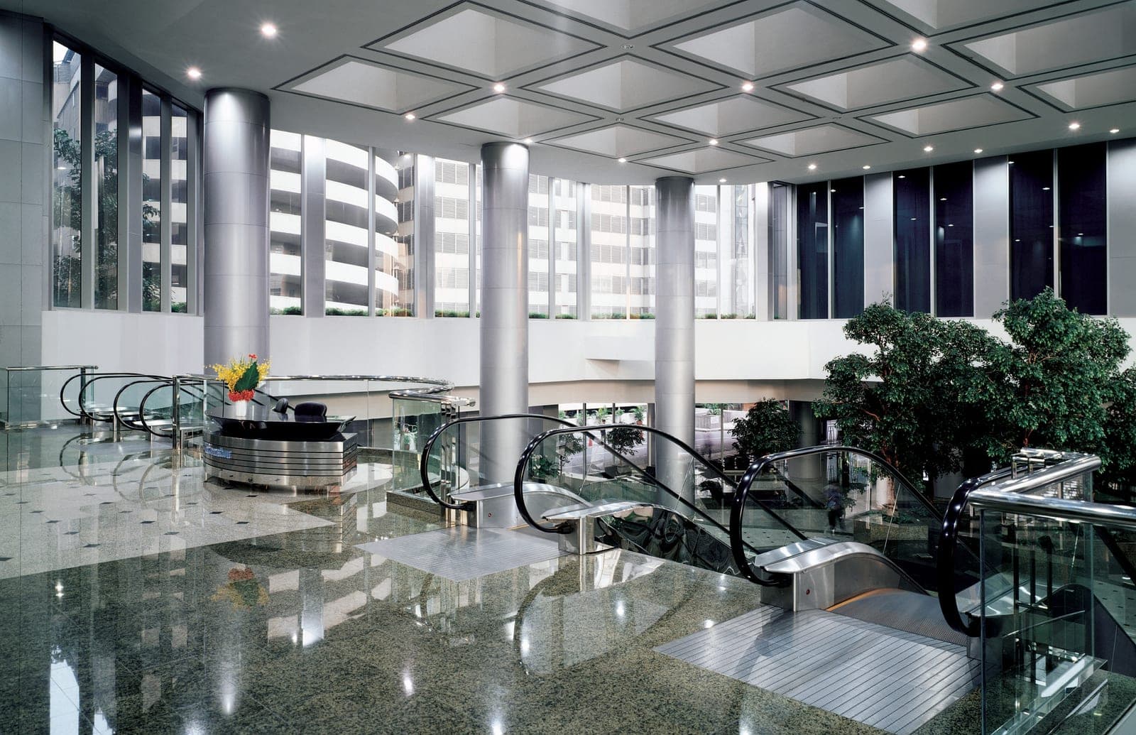 Modern office interior with solar-controlled glass and a city view