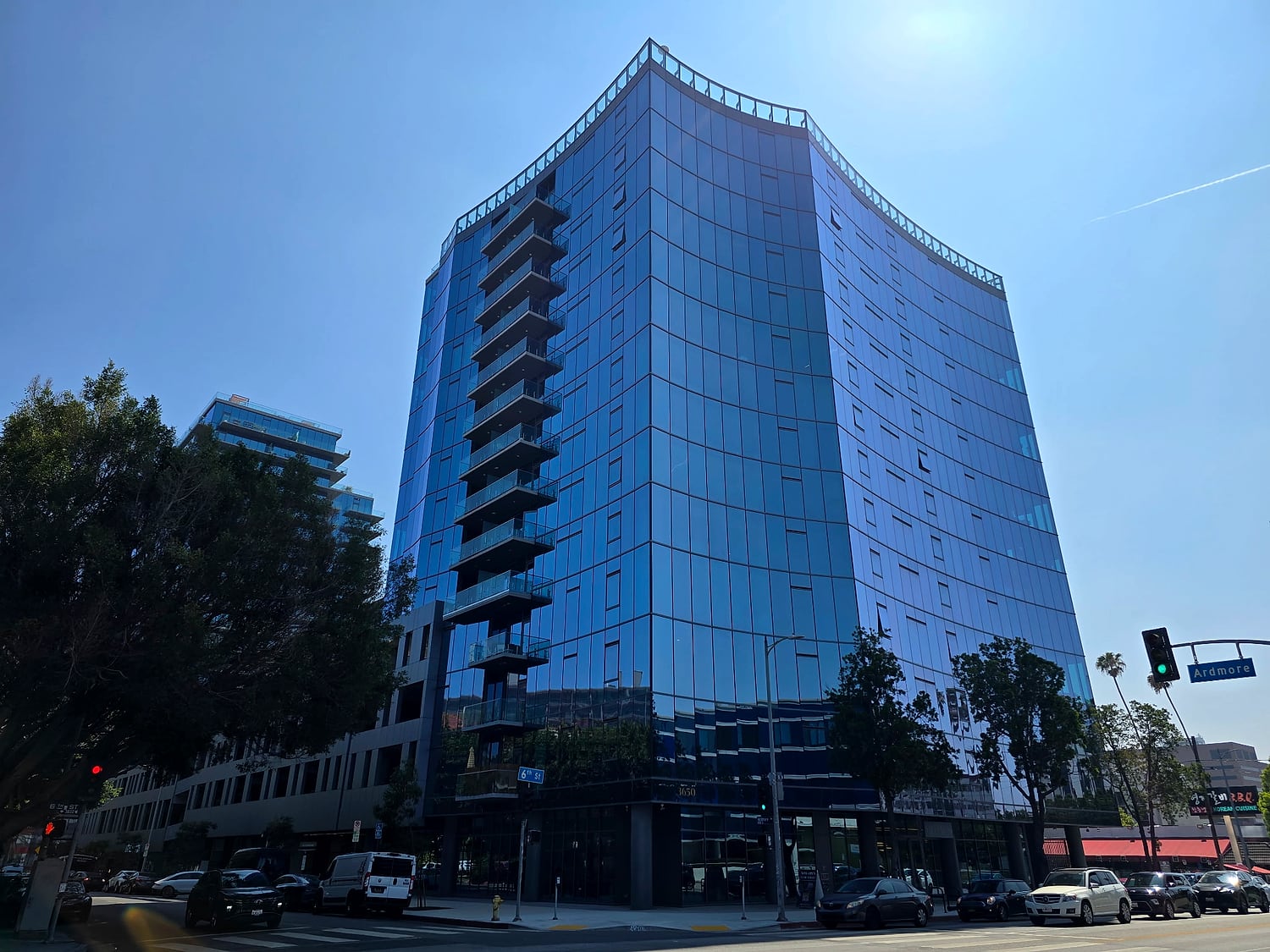 Tinted blue-glass curtain-wall office tower